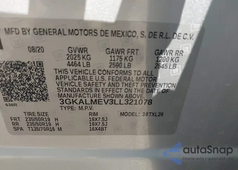 2020 GMC Terrain Fwd Sle z USA, uszkodzony, nr VIN 3GKALMEV3LL321078